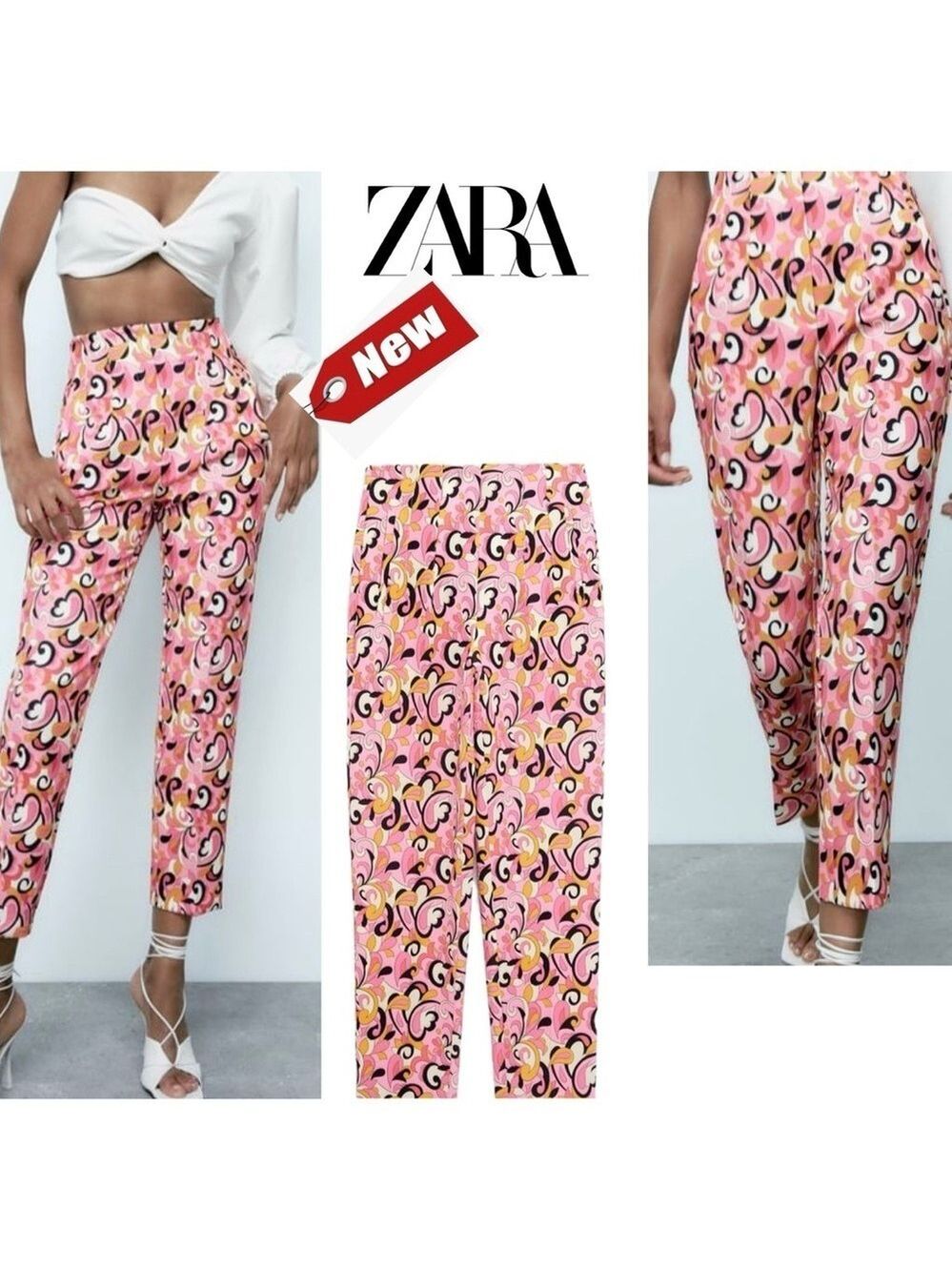 Zara Pink Pleated Pants Psychedelic Print Floral Paisley '70s Retro high waist L